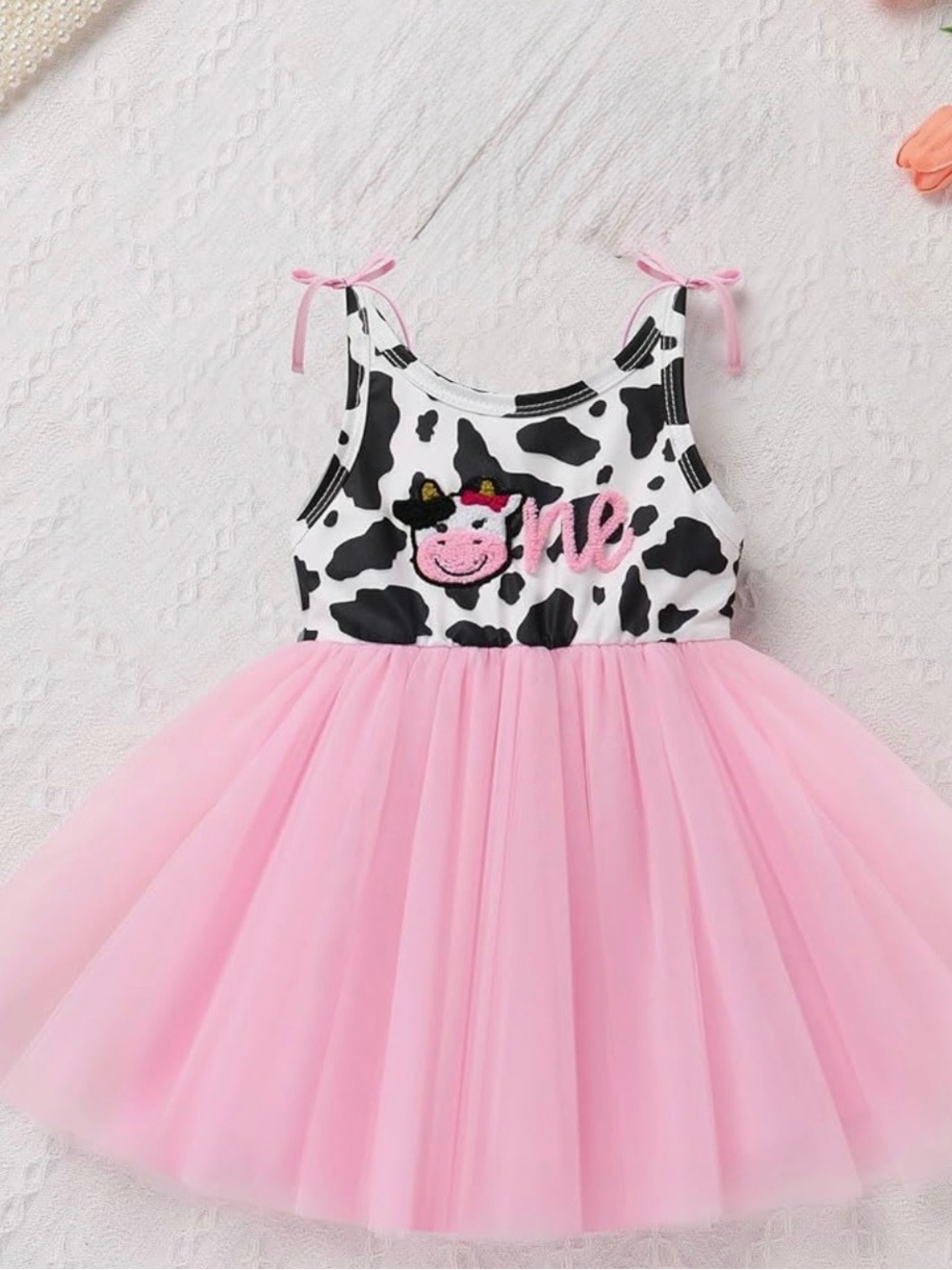 First Birthday / One Cow Print & Pink Tulle Baby Girl Tutu Dress
